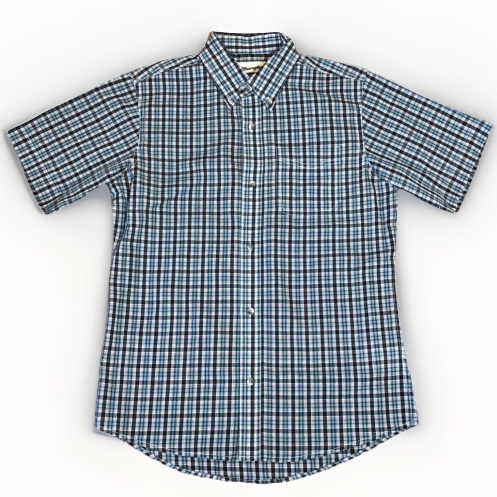 Wrangler Riata Button Up Shirt Boys Blue Plaid Short Sleeve